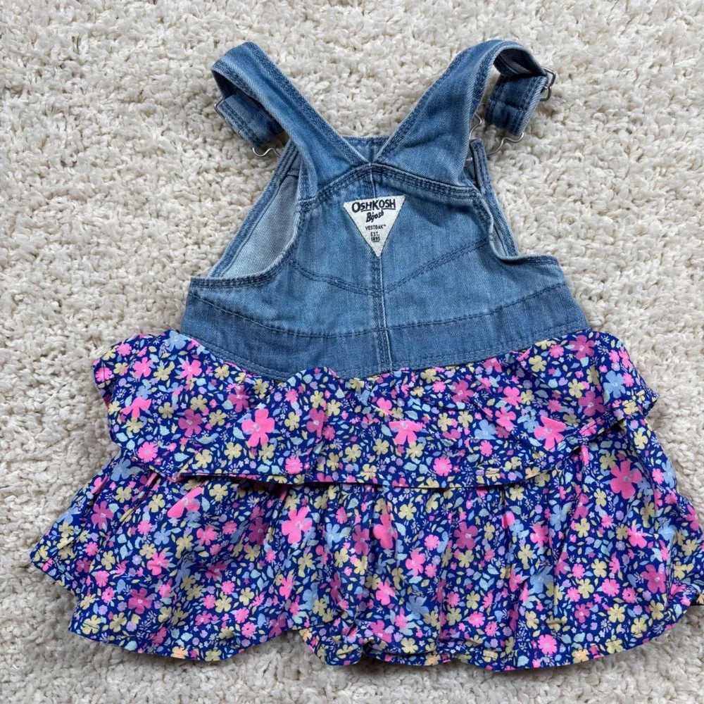 OshKosh B'gosh Baby Girls Denim Floral Ruffle Overalls Dress 18M‎